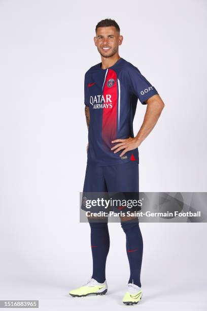 New Paris Saint Germain signing Lucas Hernandez poses for the camera on July 9, 2023 in Paris, France.