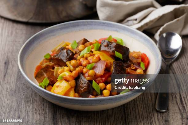 delectable chickpea, aubergine, and pepper stew - stew stock pictures, royalty-free photos & images