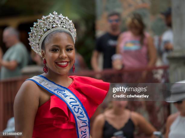 us virgin islands costumed carnival queen parading through the street, carnival, st. john, 2023 - cruz bay harbor stock pictures, royalty-free photos & images