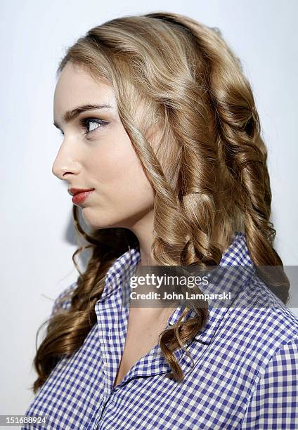 Model prepares backstage at the Anna Francesca show during Spring 2013 Mercedes-Benz Fashion Week at Helen Mills Event Space on September 9, 2012 in...