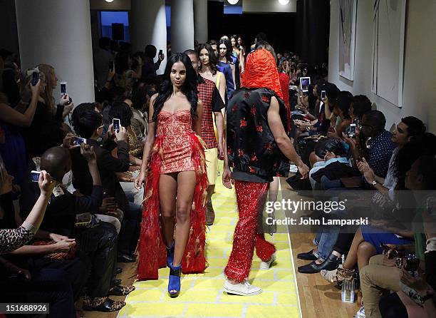 Models walk the runweay at the Anna Francesca show during Spring 2013 Mercedes-Benz Fashion Week at Helen Mills Event Space on September 9, 2012 in...