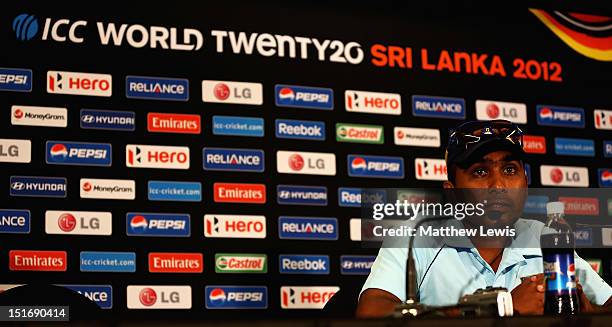 Mahela Jayawardena, Captain of Sri Lanka talks to media during the Sri Lanka Press Conference ahead of the ICC T20 World Cup on September 10, 2012 in...