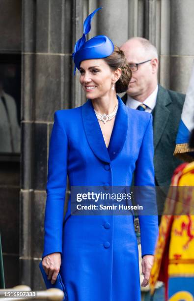 Catherine, Princess of Wales, known as the Duchess of Rothesay while in Scotland departs a national service of thanksgiving and dedication to the...