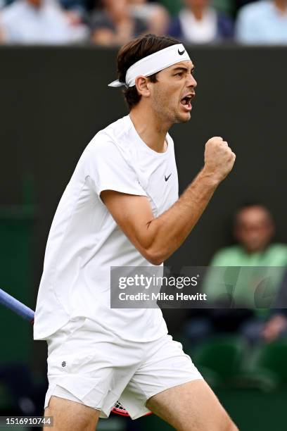 Taylor Fritz of United States celebrates against Yannick Hanfmann of Germany in the Men's Singles first round match during day three of The...