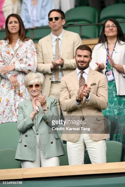 Sandra Beckham and David Beckham attend day three of the Wimbledon Tennis Championships at All England Lawn Tennis and Croquet Club on July 05, 2023...