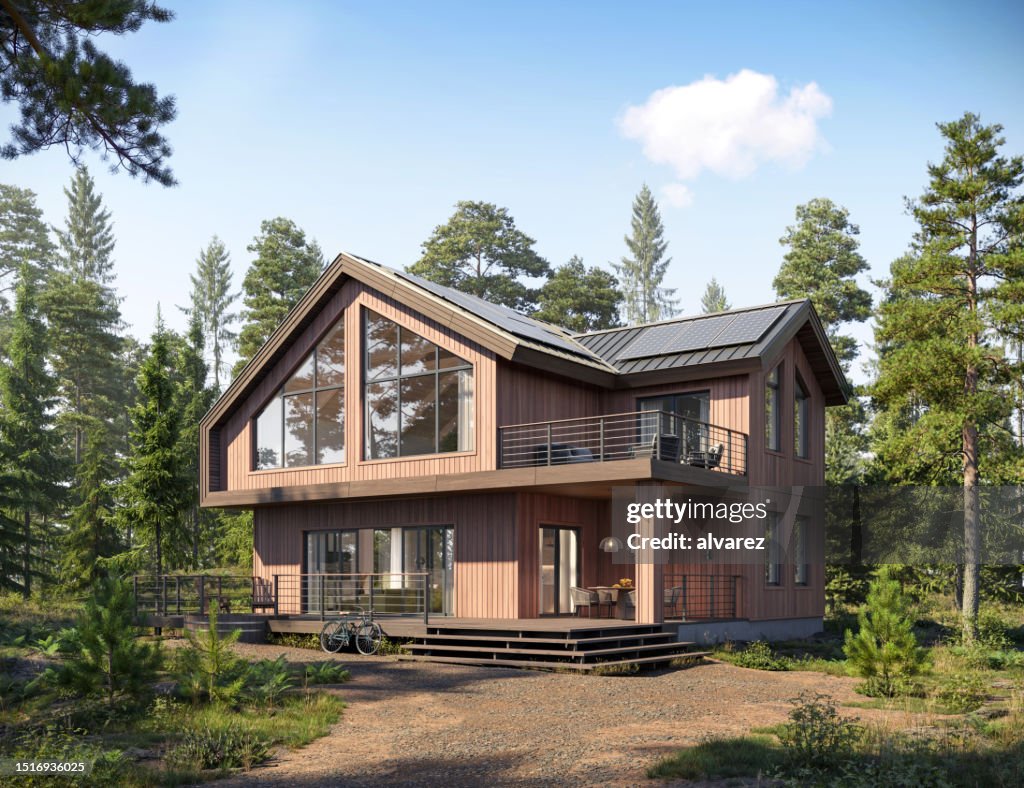 Forest Residence Rendering 3d Rendering Exterior Of A Forest House On Summer Day High-Res Stock ...