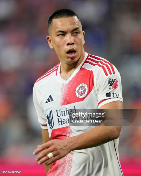 Bobby Wood of New England Revolution plays during a MLS soccer match against FC Cincinnati at TQL Stadium on July 01, 2023 in Cincinnati, Ohio.