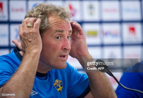 Team coach Erik Hamrén attends a presser with the Swedish football team in Malmo, Sweden,on September 10, 2012. Sweden will face Kazakhstan in a FIFA...