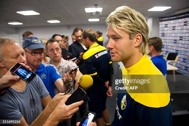 Ola Toivonen is interviewed during a training session with the Swedish football team in Malmo, Sweden,on September 10, 2012. Sweden will face...