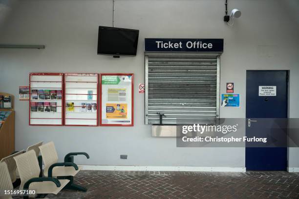 The closed and shuttered ticket office at Morecambe Station on July 05, 2023 in Morecambe, United Kingdom. The Rail Delivery Group backed by the...