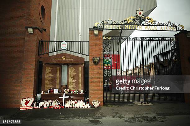 The Hillsborough memorial is covered with tributes at Anfield Stadium, the home of Liverpool Football Club on September 10, 2012 in Liverpool,...