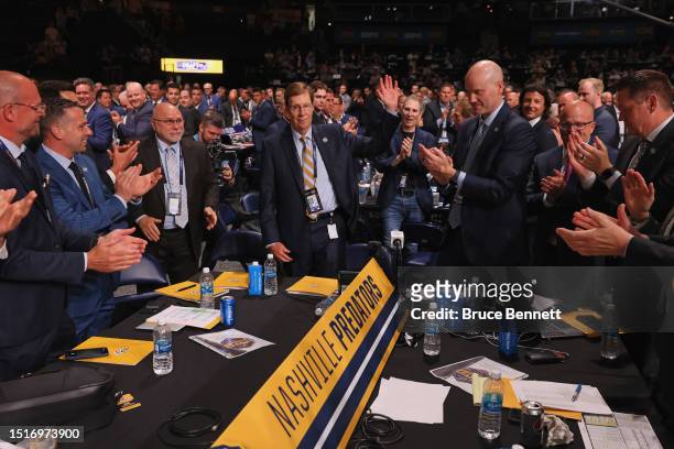 David Poile of the Nashville Predators is honored at the 2023 NHL Draft at the Bridgestone Arena on June 29, 2023 in Nashville, Tennessee.