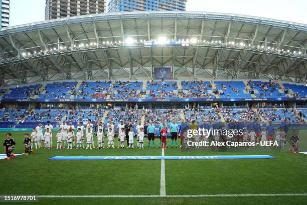 Players of both teams line up on pitch ahead of the UEFA Under-21 Euro 2023 Semi Final match between Israel and England at Batumi Arena on July 05,...