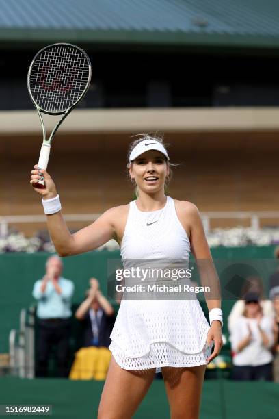 Katie Boulter of Great Britain celebrates winning match point against Daria Saville of Australia in the Women's Singles first round match during day...