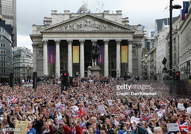 Thousands of people line the streets during the London 2012 Victory Parade for Team GB and Paralympic GB athletes on September 10, 2012 in London,...