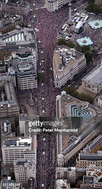 Floats carrying Team GB and Paralympic GB athletes on the London 2012 Victory Parade move along The Strand near Trafalgar Square on September 10,...
