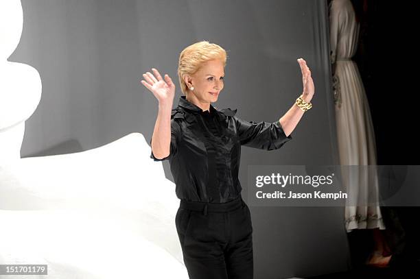 Designer Caroline Herrera attends the Carolina Herrera Spring 2013 fashion show during Mercedes-Benz Fashion Week at The Theatre at Lincoln Center on...