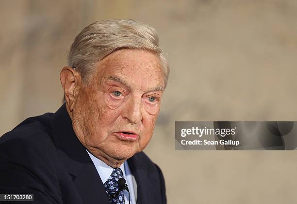 Billionaire investor George Soros speaks on "The Tragedy of the European Union" as a guest of The Institute for Media and Communications Policy on...