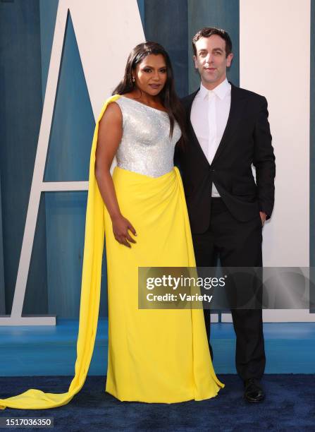 Mindy Kaling and B. J. Novak at the Vanity Fair Oscar Party held at the Wallis Annenberg Center for the Performing Arts on March 27th, 2022 in...