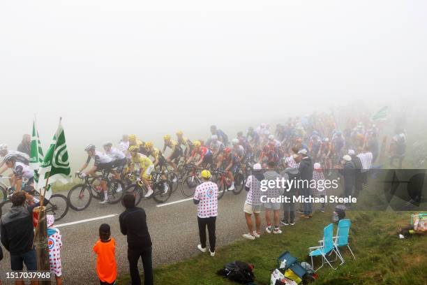 General view of Adam Yates of United Kingdom - Yellow leader jersey, Tadej Pogacar of Slovenia and UAE Team Emirates - White best young jersey and...