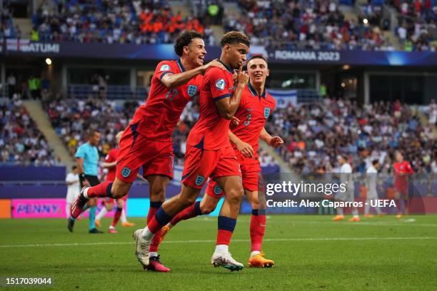 Morgan Gibbs-White of England celebrates after scoring the team's first goal during the UEFA Under-21 Euro 2023 Semi Final match between Israel and...