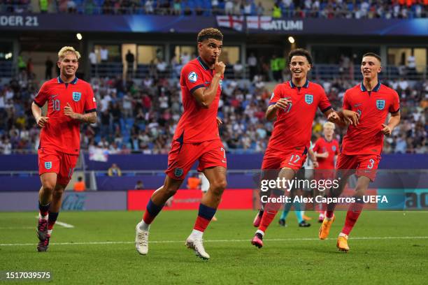 Morgan Gibbs-White of England celebrates after scoring the team's first goal during the UEFA Under-21 Euro 2023 Semi Final match between Israel and...