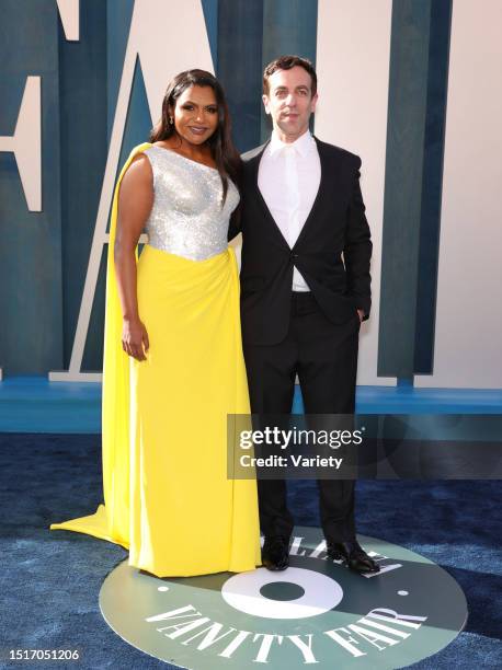 Mindy Kaling and B. J. Novak at the Vanity Fair Oscar Party held at the Wallis Annenberg Center for the Performing Arts on March 27th, 2022 in...