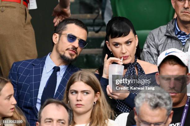 Orlando Bloom and Katy Perry attend day three of the Wimbledon Tennis Championships at All England Lawn Tennis and Croquet Club on July 05, 2023 in...