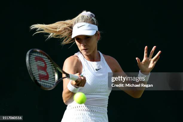 Katie Boulter of Great Britain plays a forehand against Daria Saville of Australia in the Women's Singles first round match during day three of The...