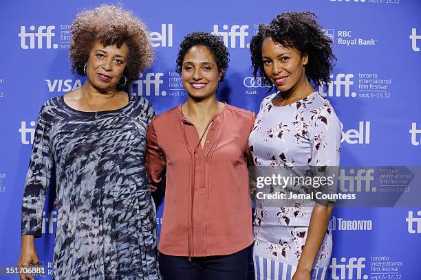 Activist Angela Davis, director Shola Lynch and actress Eisa Davis attend the "Free Angela & All Political Prisoners" Photo Call during the 2012...