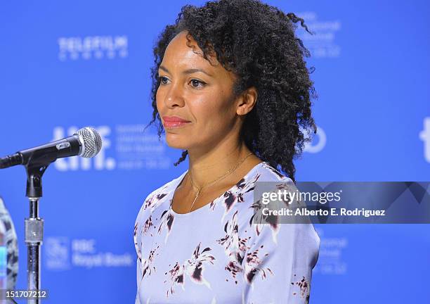 Actress Eisa Davis speaks onstage at the "Free Angela & All Political Prisoners" Press Conference during the 2012 Toronto International Film Festival...