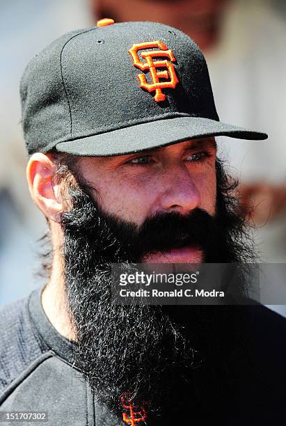 Pitcher Brian Wilson of the San Francisco Giants looks on during a MLB game against the Los Angeles Dodgers at AT&T Park on September 8, 2012 in San...