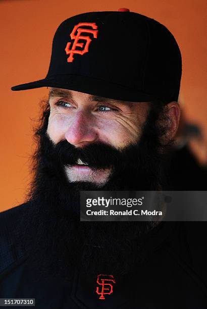 Pitcher Brian Wilson of the San Francisco Giants looks on during a MLB game against the Los Angeles Dodgers at AT&T Park on September 8, 2012 in San...