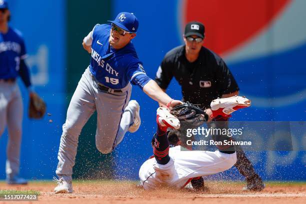 Tyler Freeman of the Cleveland Guardians steals second base as Michael Massey of the Kansas City Royals tries to make a tag during the second inning...