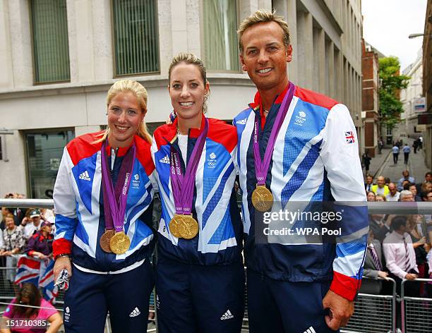 British Olympic gold medal winning dressage riders Laura Bechtolsheimer, Charlotte Dujardin and Carl Hester during the London 2012 Victory Parade for...