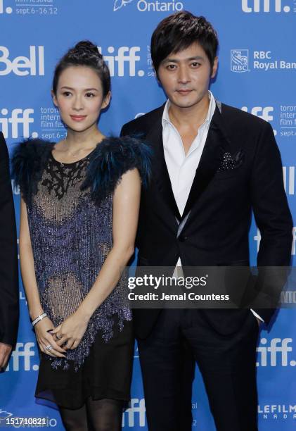 Actress Ziyi Zhang and actor Dong-gun Jang attend the "Dangerous Liaisons" Photo Call during the 2012 Toronto International Film Festival at TIFF...