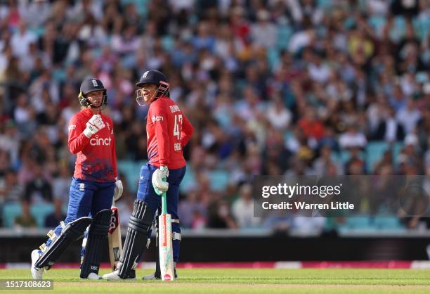 Danni Wyatt and Sophia Dunkley of England chats in the middle during the Women's Ashes 2nd Vitality IT20 match between England and Australia at The...