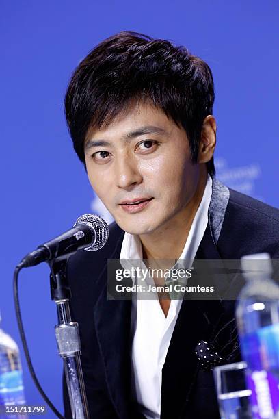 Actor Dong-gun Jang speaks onstage at "Dangerous Liaisons" Press Conference during the 2012 Toronto International Film Festival at TIFF Bell Lightbox...