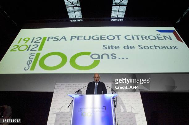 Thierry Peugeot, the Chairman of Supervisory Board of PSA Peugeot Citroen, gives a speech during the inauguration of an exhibition which marks the...
