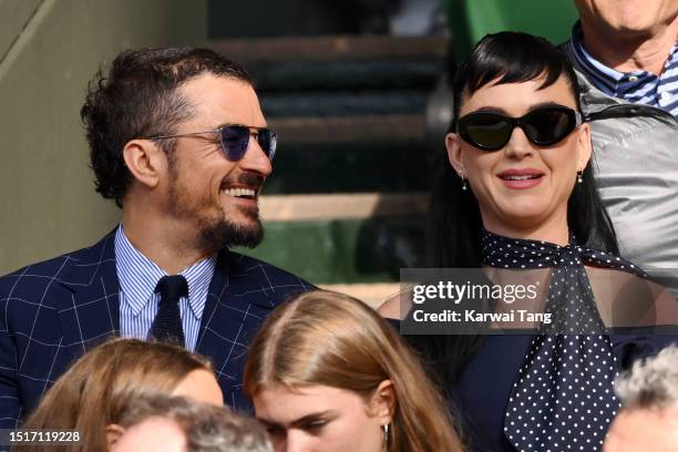 Orlando Bloom and Katy Perry attend day three of the Wimbledon Tennis Championships at All England Lawn Tennis and Croquet Club on July 05, 2023 in...