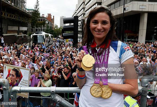 British Paralympic gold medal winning cyclist Sarah Storey during the London 2012 Victory Parade for Team GB and Paralympic GB athletes on September...