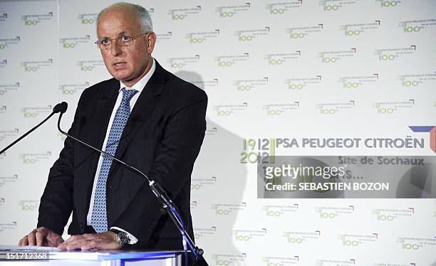 Thierry Peugeot, the Chairman of Supervisory Board of PSA Peugeot Citroen, gives a speech during the inauguration of an exhibition which marks the...