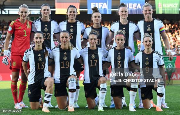 Germany's women soccer team first row left to right: midfielder Sara Daebritz, midfielder Klara Buehl, defender Felicitas Rauch, defender Kathrin...