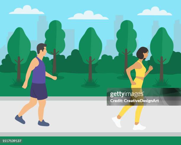 young woman and man running at the park. sports and healthy lifestyle concept - man muscular build stock illustrations