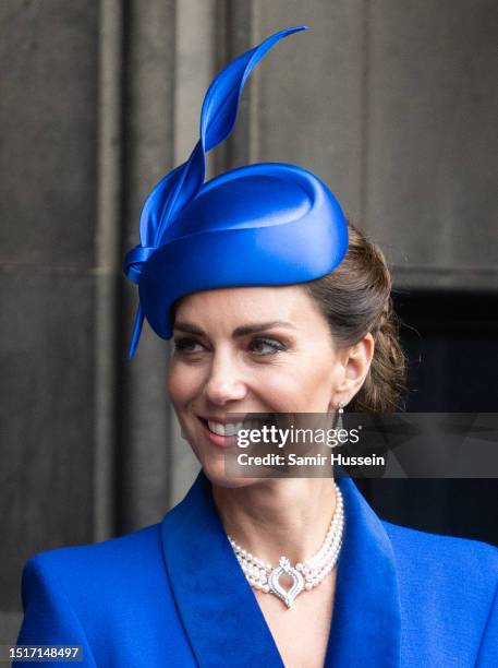 Catherine, Princess of Wales, known as the Duchess of Rothesay while in Scotland departs a national service of thanksgiving and dedication to the...