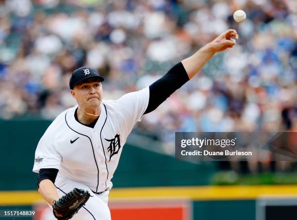 Tarik Skubal of the Detroit Tigers pitches against the Toronto Blue Jays during the second inning at Comerica Park on July 9, 2023 in Detroit,...