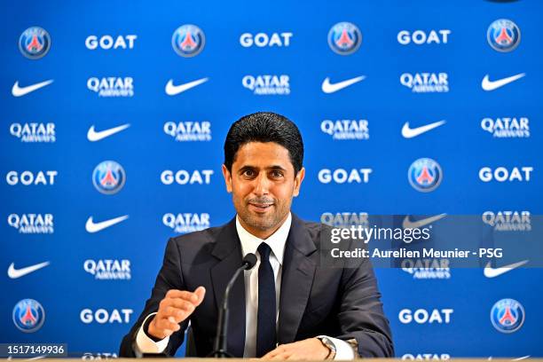 President Nasser Al Khelaifi answers journalists during a press conference at PSG Campus on July 05, 2023 in Poissy, France.