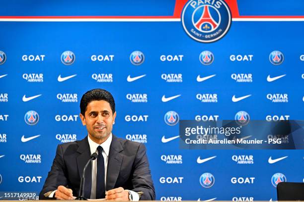 President Nasser Al Khelaifi answers journalists during a press conference at PSG Campus on July 05, 2023 in Poissy, France.