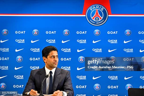 President Nasser Al Khelaifi answers journalists during a press conference at PSG Campus on July 05, 2023 in Poissy, France.