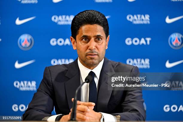 President Nasser Al Khelaifi answers journalists during a press conference at PSG Campus on July 05, 2023 in Poissy, France.